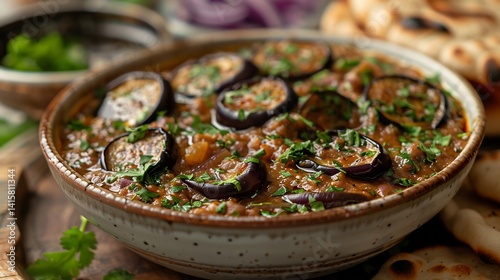 Pakistani baingan bharta mashed roasted eggplant curry served naan on white ceramic