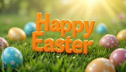 Orange 3d Happy Easter text on green grass background and colorful Easter eggs. idea for Easter cards, social media, greeting card, poster, brochure flyer. Orange Happy Easter 3d rendering