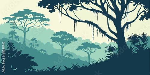 Jungle landscape. Layered background with rainforest. Parallax effect. Horizontal blue panoramic backdrop with lianas, palms, trees and bushes