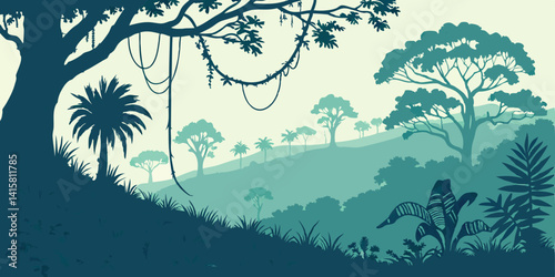 Jungle landscape. Layered background with rainforest. Parallax effect. Horizontal blue panoramic backdrop with lianas, palms, trees and bushes