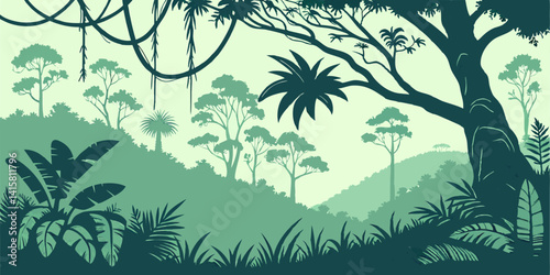 Jungle landscape. Layered background with rainforest. Parallax effect. Horizontal blue panoramic backdrop with lianas, palms, trees and bushes