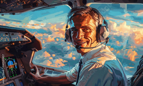 illustration of smiling male pilot with headset sitting in the cockpit of an airplane looking at camera