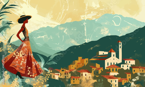 illustration of Spanish woman and mountains with city
