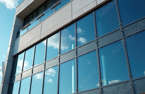 Modern building facade with reflective windows and blue sky reflections. Sky and clouds mirror perfectly on glass. Sophisticated design elements apparent. Energy efficiency features solar tech.