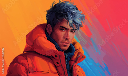 illustration of stylish modern male with dyed hair wearing bright warm jacket against two colored background
