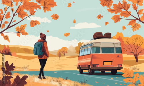 illustration of traveler enjoy weekend trip in autumn
