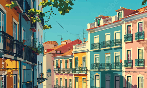 illustration of view to street the facade of old houses in lisbon
