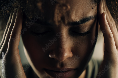 Close-up of a woman's face, eyes closed, hands gently touching temples, conveying stress or headache, representing mental health, anxiety, or pain