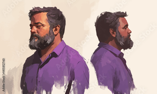 Illustration or character design of a man wearing a purple shirt and a beard
