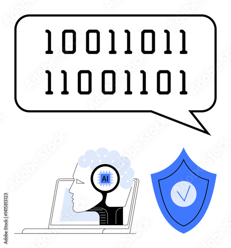 Binary code in speech bubble, AI robot head on laptop, and shield with checkmark. Ideal for AI technology, cybersecurity, data processing, digital safety, machine learning, coding simple landing