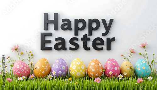 Black 3d Happy Easter text on white background and grass. colorful Easter eggs. idea for Easter cards, social media, greeting card, poster, brochure flyer. Black Happy Easter 3d rendering