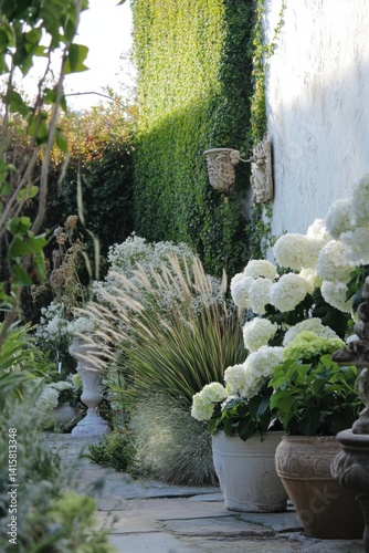 Lush garden arrangement showcasing white hydrangeas, ornamental grasses, and seasonally vibrant greenery along a stone pathway in the afternoon light
