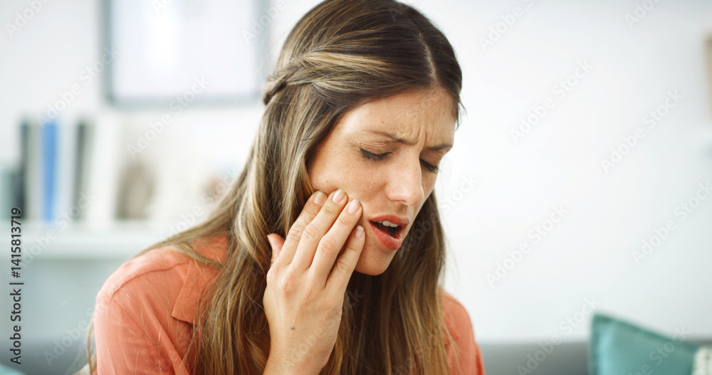 Woman, pain and infection with tooth ache for dental issue, oral or gum disease at home. Female person, teeth decay or sore jaw with discomfort or gingivitis for mouth cavity or swollen abscess