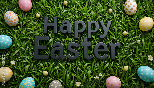 Black 3d Happy Easter text on green grass background and colorful Easter eggs. idea for Easter cards, social media, greeting card, poster, brochure flyer. Black Happy Easter 3d rendering