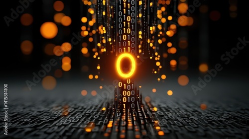 Cybersecurity malware forensics concept. Digital abstract with glowing binary code and orbs, representing technology and data flow.