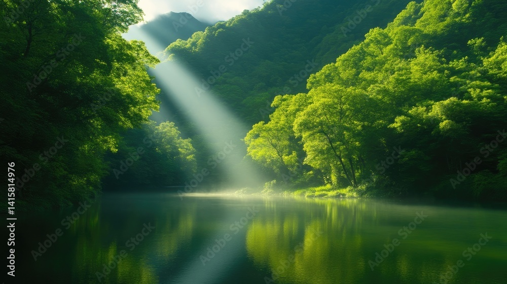 Lush forest reflecting in tranquil river. Sunlight beams through trees Lush forest reflecting in tranquil river. Sunlight beams through trees
