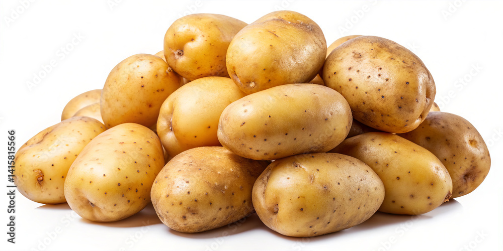 A pile of freshly harvested yellow potatoes is arranged neatly against a white background. These medium-sized potatoes appear clean, firm, and ready for cooking in various dishes A pile of freshly harvested yellow potatoes is arranged neatly against a white background. These medium-sized potatoes appear clean, firm, and ready for cooking in various dishes