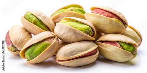 A cluster of roasted pistachios lies on a clean white surface, showcasing their light beige shells and vibrant green nut interiors. Perfect for snacking or recipes