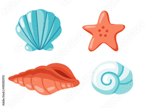 Turquoise, blue and red sea shells and red starfish set. Vector isolated illustrations on white background