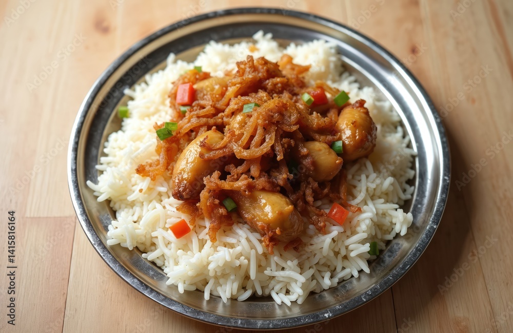 Traditional Middle Eastern Mandi rice dish with mutton. Basmati rice, fried onions, red pepper with meat. Arabic cuisine, home cooking, perfect dinner for family at restaurant. Traditional Middle Eastern Mandi rice dish with mutton. Basmati rice, fried onions, red pepper with meat. Arabic cuisine, home cooking, perfect dinner for family at restaurant.
