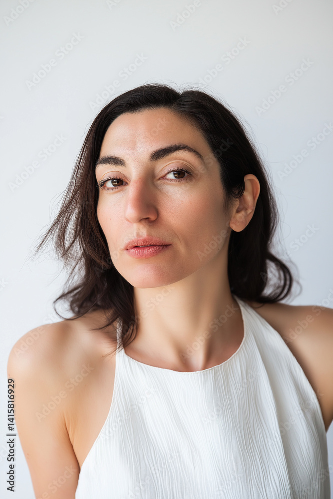 Fototapeta premium Portrait of a Confident 30-40 Year Old Woman with Dark Hair and Brown Eyes, Wearing a White Halter Neck Top Against a Clean White Background, Exuding Strength, Beauty and Self-Assuredness.