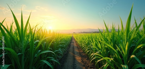 Sugarcane farm with dirt road under clear sky. Agriculture background in rural setting. Green plants at farmland, golden sunlight at sunset. Farming, harvest, cultivation, landscape, organic.