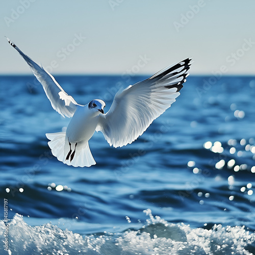 On the blue sea, the waves gently beat the shore, the sun shines, the sea sparkling. Suddenly, a seagull swept across the sea, its wings spreading gracefully, accompanied by a crisp chirp. It hovered