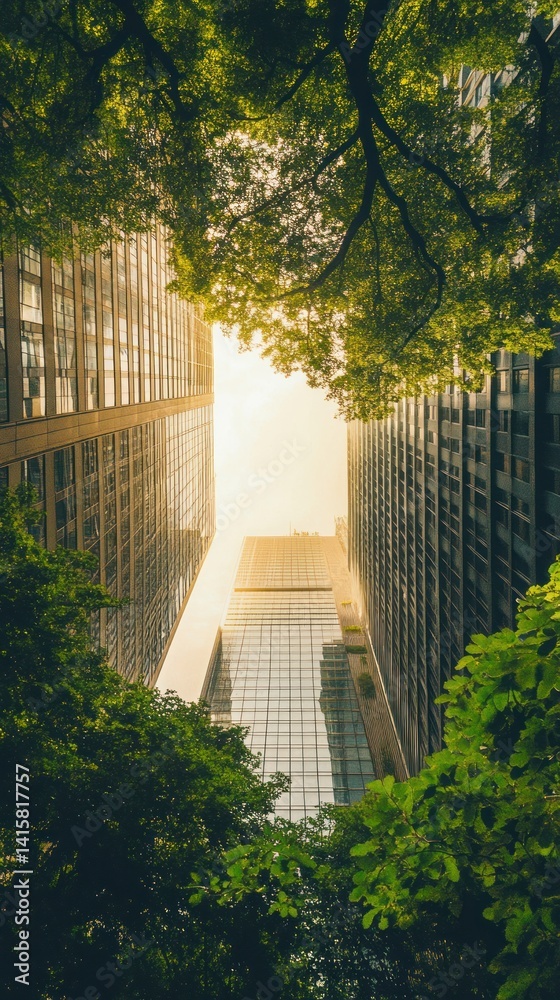 Buildings rise past green foliage to meet the bright sky Buildings rise past green foliage to meet the bright sky
