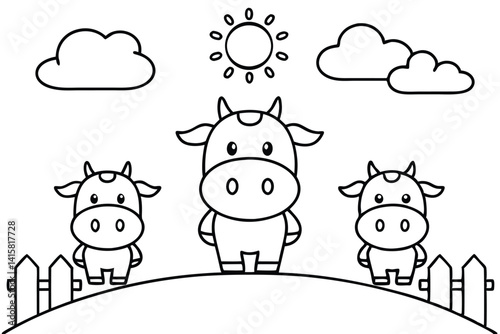 Cute Outline Cartoon Cows in a Sunny Meadow Scene Illustration for Kids.