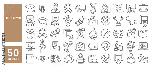 Set of 50 line icons related to diploma, academic, graduation, certification, qualification, education, degree, accreditation, award, attestation, Editable stroke. Vector illustration