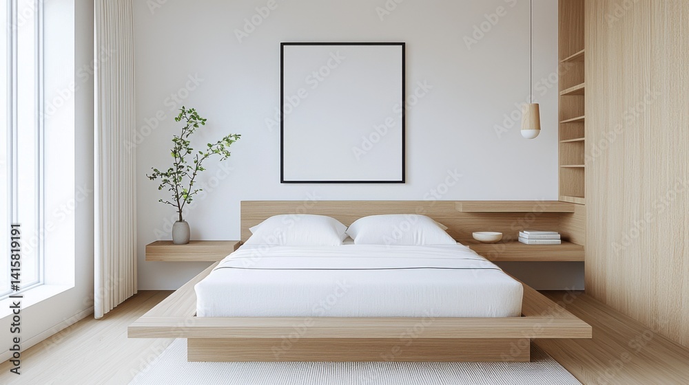 Fototapeta premium Scandi Minimalist bedroom, low platform bed, white linen, oak elements, built in shelf, clean light