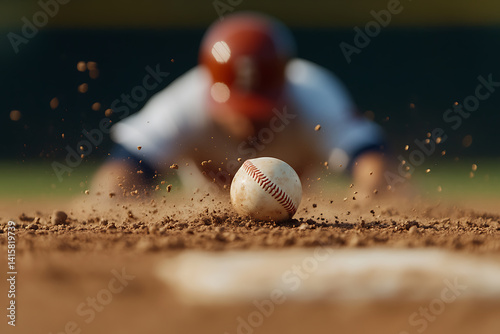 Baseball player sliding into base, kicking up dirt. Focus on the ball. Intense action in sport. Excitement and energy captured. Athlete in motion.