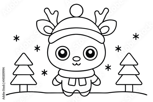 Outline illustration of cute reindeer with winter hat and scarf in snow.