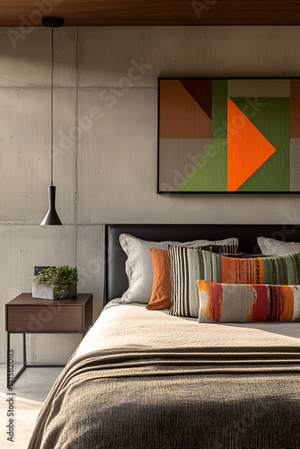 Create an image of a Mid-Century Modern BEDROOM DECORATED IN EARTHY TONES, wide shot to capture the entire room, POLISHED STUCCO walls, with natural textures throughout, BEIGE plaster ceiling, featuri