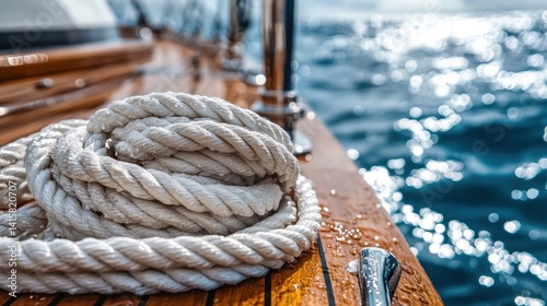 A coiled white sailing rope on the deck of a wooden yacht, glistening with seawater --ar 16:9 --v 6.1 Job ID: 59c0fd2e-29e1-4e3d-85a5-e0e10d82e81c