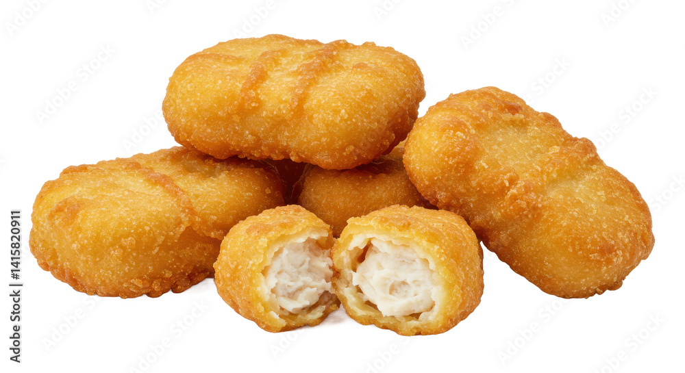 A pile of golden brown chicken nuggets with one nugget cut in half on a black background A pile of golden brown chicken nuggets with one nugget cut in half on a black background