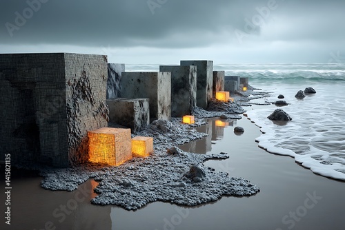 Mysterious glowing cubes on a serene beach at twilight, a digital artwork