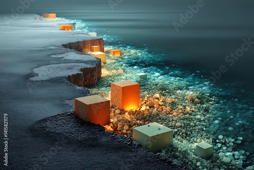 Abstract 3D illustration of glowing cubes on an icy shore with a surreal, mystical atmosphere and cool tones.