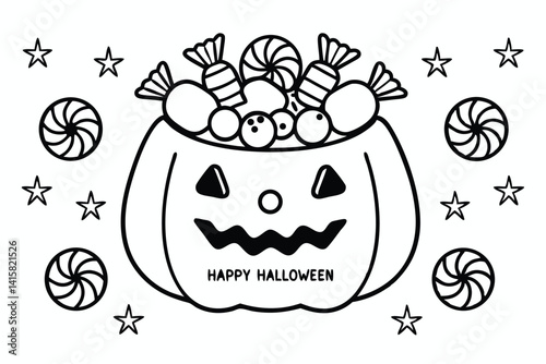 Halloween pumpkin bucket overflowing with candy and stars, outlined vector illustration design.