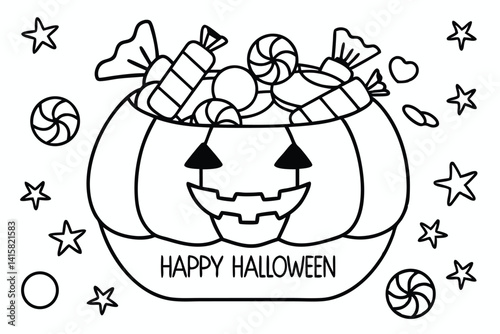 Happy Halloween pumpkin bucket filled with candies, stars, outline vector illustration.