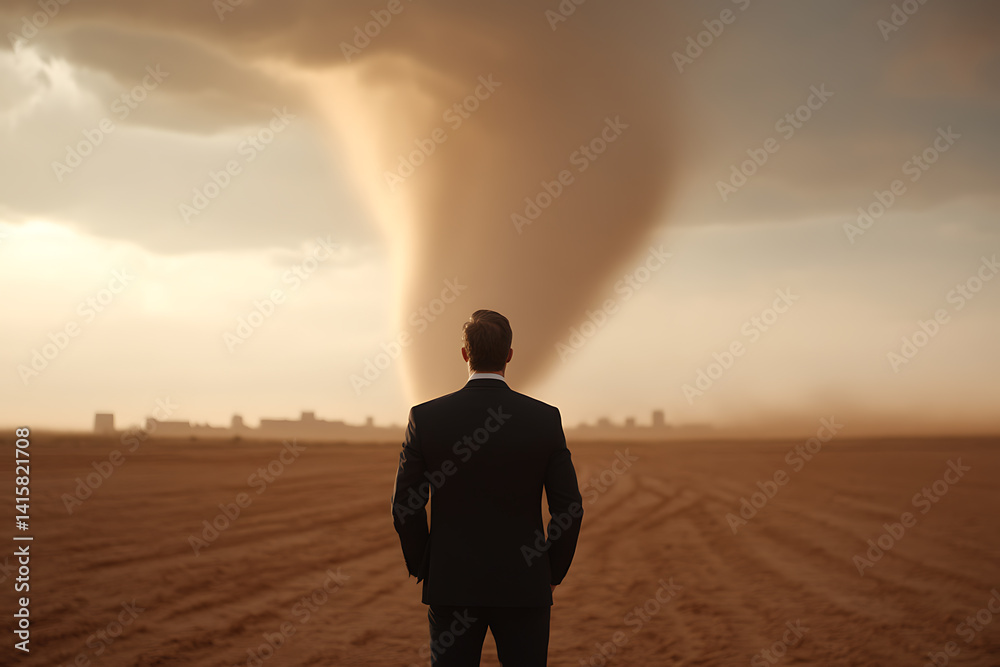 Businessman facing a tornado on a desert plain. Represents ambition against adversity, strategy, and challenge in a vast, open space. Businessman facing a tornado on a desert plain. Represents ambition against adversity, strategy, and challenge in a vast, open space.