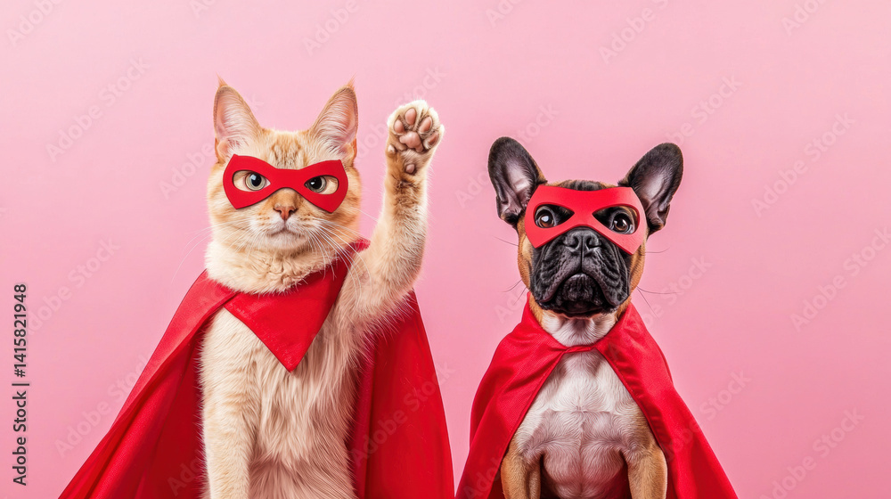 Fototapeta premium Cute cat and dog dressed as superheroes with red capes and masks, both lifting a paw on solid pink background