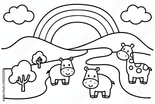 Cute Animals Under a Rainbow Coloring Page for Children, Hippo, Giraffe, Landscape