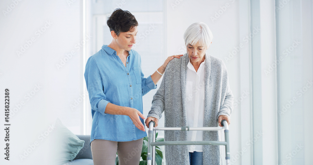 Home, caregiver and senior woman with walker for healthcare, physio or support in retirement. Elderly care, physiotherapist and old person with walking frame, mobility exercise and homecare recovery