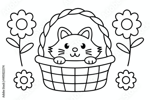 Cute cartoon cat in a basket with flowers coloring page illustration.