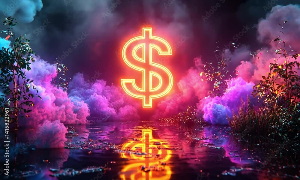 Neon dollar sign in vibrant, surreal environment.