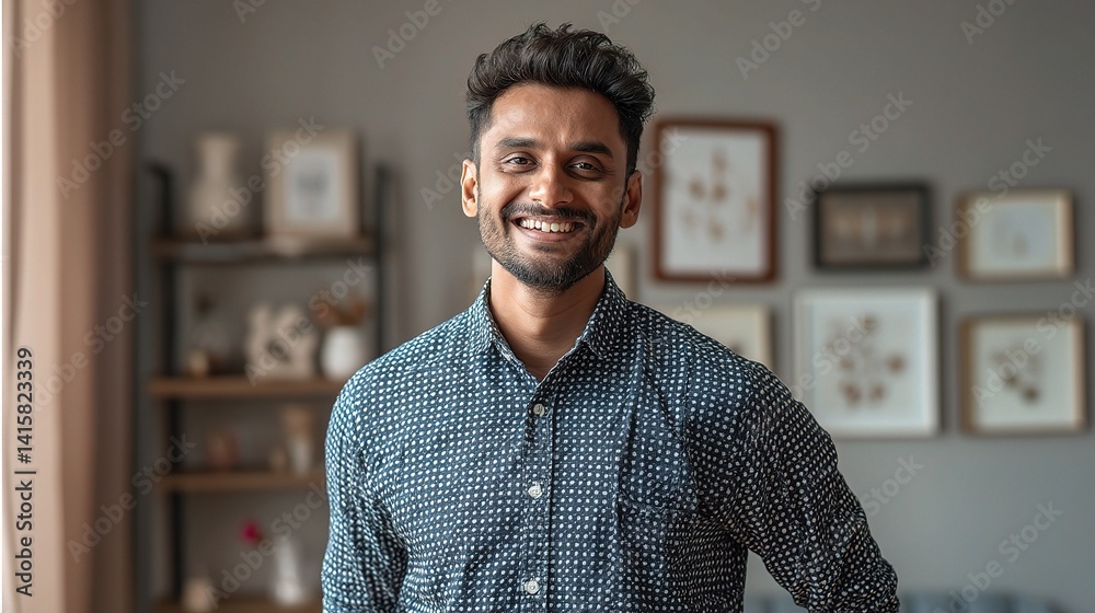 Obraz premium Cheerful Indian Man in Smart Casual Shirt Smiling at Home Interior