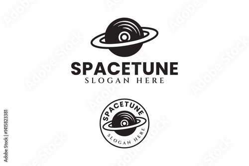 dj with vinyl disc and galaxy space logo design sets. Saturn planet with vinyl disc record badge logo design. modern disc jockey space for music instrument and entertainment company