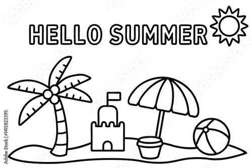 Hello Summer Beach Scene Coloring Page with Palm Tree and Sandcastle Outlines