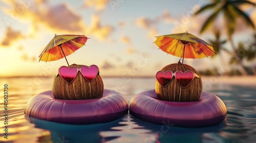Wallpaper Mural Relaxing coconuts with sunglasses and umbrellas float in calm water at sunset Torontodigital.ca